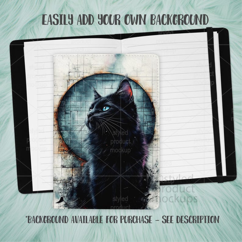 May include: A black notebook with lined pages and a black cover. A white tablet with a black cat illustration is placed on the left side. The cat has blue eyes and is set against a blue and gray background. Text on the image reads: "EASILY ADD YOUR OWN BACKGROUND" and "BACKGROUND AVAILABLE FOR PURCHASE - SEE DESCRIPTION."