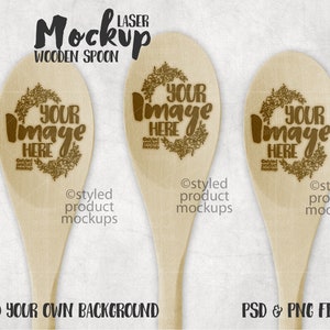 Laser burned wooden spoon mockup | Add your own image and background