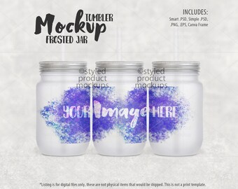 May include: Three frosted glass jars with silver lids. The jars feature a watercolour design in shades of purple, blue and pink. The text "YOUR Image HERE" is superimposed on the design.