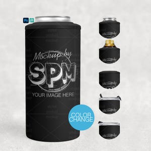 May include: Black can cooler mockup with the text "Mockup by SPM" and "YOUR IMAGE HERE". The image also shows different styles of can coolers. A blue circle with the text "COLOR CHANGE" is also visible.