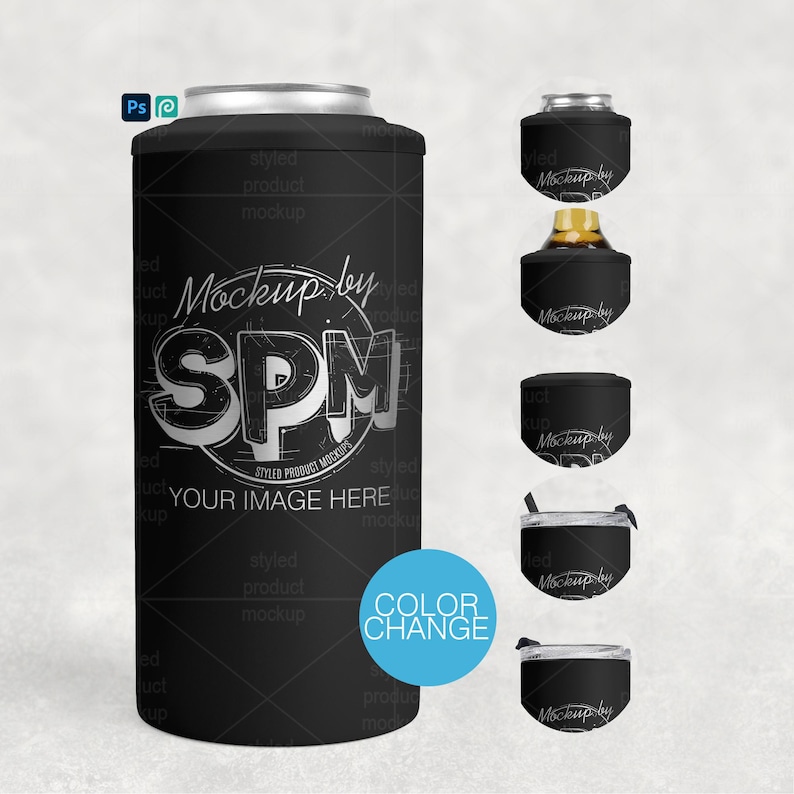 May include: Black can cooler mockup with the text "Mockup by SPM" and "YOUR IMAGE HERE". The image also shows different styles of can coolers. A blue circle with the text "COLOR CHANGE" is also visible.