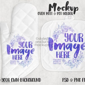 May include: White quilted oven mitt and pot holder mockup with a floral design and the text "Your Image Here".