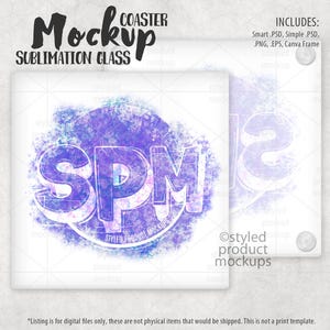 Quadratisches Glassublimationsuntersetzer-Modell mit Vorder- und Rückansicht