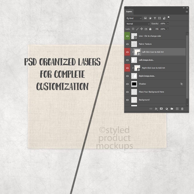 Puede incluir: Una maqueta de producto con una textura de tela beige y un panel de interfaz digital. El panel muestra varias opciones de capa, incluidos ajustes de color e inserci&oacute;n de im&aacute;genes. El texto en la maqueta dice "PSD ORGANIZED LAYERS FOR COMPLETE CUSTOMIZATION."
