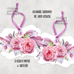 May include: Two printable gift tags with a watercolor floral design featuring pink roses, feathers, and greenery. The tags are shaped like a rounded rectangle with a hole at the top for a ribbon. The text on the tags reads "Change Ribbon to Any Color" and "Easily Move & Rotate".