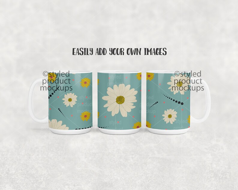 May include: Three white ceramic mugs with a blue background and a pattern of yellow and white daisies. The text "Ostyled product mockups" is printed on the mugs.