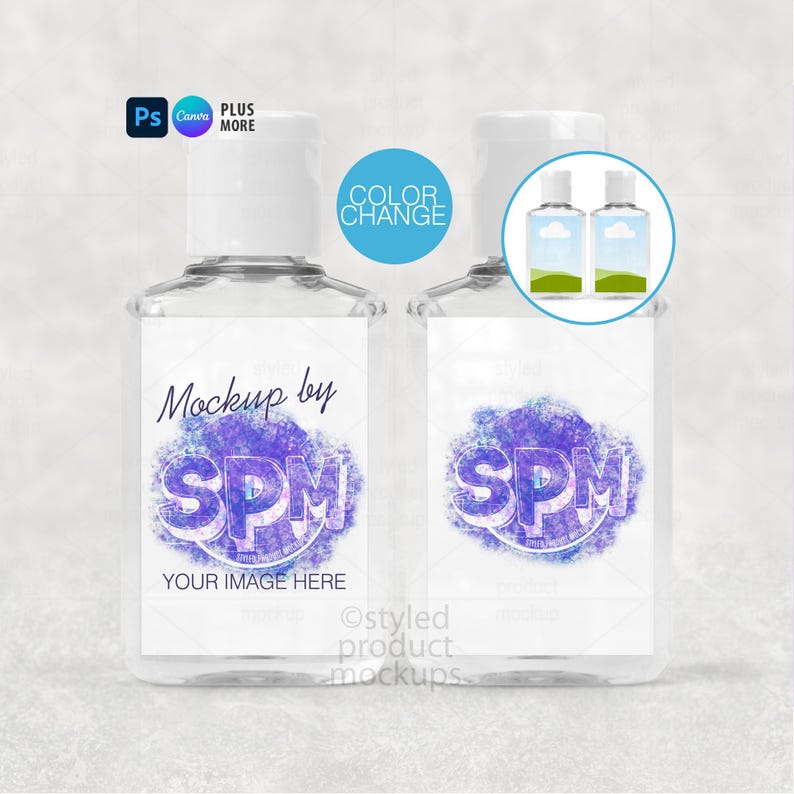 May include: Two clear plastic hand sanitizer bottles with white caps. Each bottle has a white label with the text "Mockup by SPM YOUR IMAGE HERE" in a purple design. The image also includes the text "COLOR CHANGE".