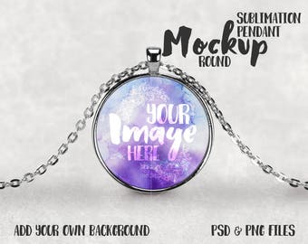Dye Sublimation large circle pendant mockup template with chain | Add your own art and background