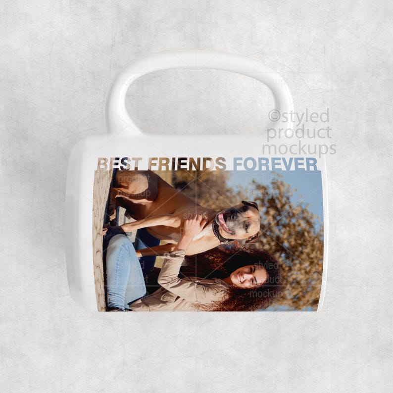 May include: White ceramic mug featuring a photo of a person and a dog with the text "BEST FRIENDS FOREVER". The image shows a person in a tan jacket and blue jeans with a brown dog.