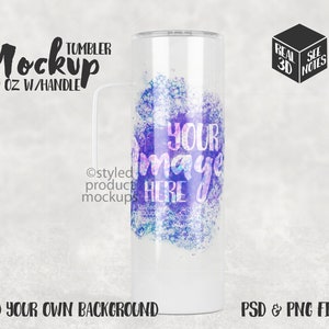 Dye sublimation white 20oz skinny tumbler with handle Mockup | Add your own image and background
