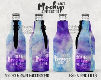 Bottle hugger with zipper template mockup with front, back and side views | Add your own image and background