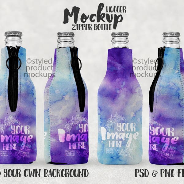 Bottle hugger with zipper template mockup with front, back and side views | Add your own image and background