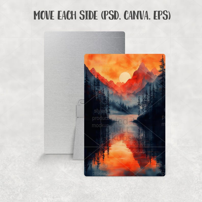 Puede incluir: Maqueta de producto rectangular con un paisaje de acuarela con monta&ntilde;as, un lago y una puesta de sol. El texto "MOVE EACH SIDE (PSD, CANVA, EPS)" est&aacute; en la parte superior. Un panel plateado est&aacute; detr&aacute;s de la imagen del paisaje.