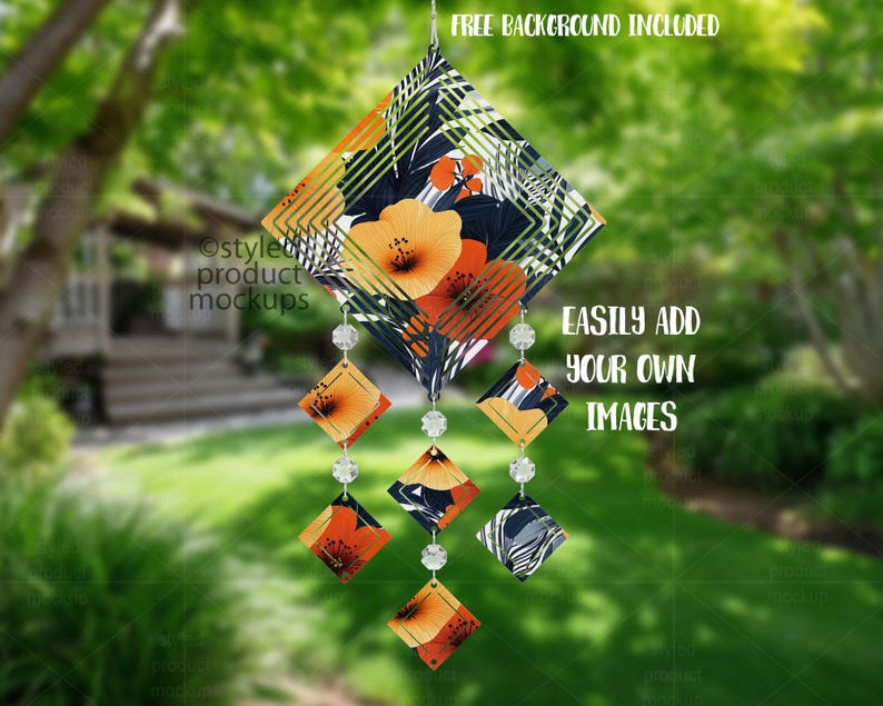 May include: A decorative wind chime with a floral and geometric design. The top section features orange flowers and a black background with white and yellow accents. The chime has diamond-shaped pendants with clear beads and the text "EASILY ADD YOUR OWN IMAGES".