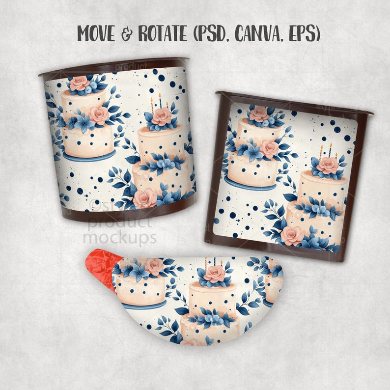 May include: A digital mockup set featuring three shapes displaying a pattern of tiered cakes decorated with pink roses and blue leaves on a cream background with dark blue polka dots. The text MOVE & ROTATE (PSD, CANVA, EPS) is visible at the top.