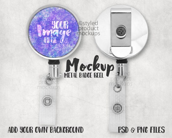 Metal badge reel with slide on clip Mockup Template with Front and Back view