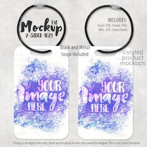 May include: Two-sided tag mockup with a watercolor background in shades of purple, blue, and pink. The tag has a black metal loop and the text "YOUR IMAGE HERE" is printed on both sides.