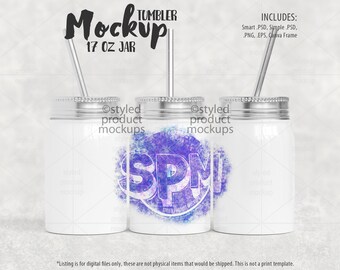 May include: Mockup of a white 17 ounce tumbler with a straw. The tumbler has a silver lid and a design of a purple and blue watercolour-style graphic with the letters "SPN" in the centre. The text "Ostyled product mockups" is visible on the tumbler.