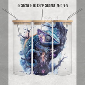 May include: A clear glass tumbler with a bamboo lid and a stainless steel straw. The tumbler features a watercolor illustration of a chameleon in shades of blue, purple, and orange, perched on a tree branch. The text "DESIGNED TO CROP SQUARE AND 4:5" is at the top.