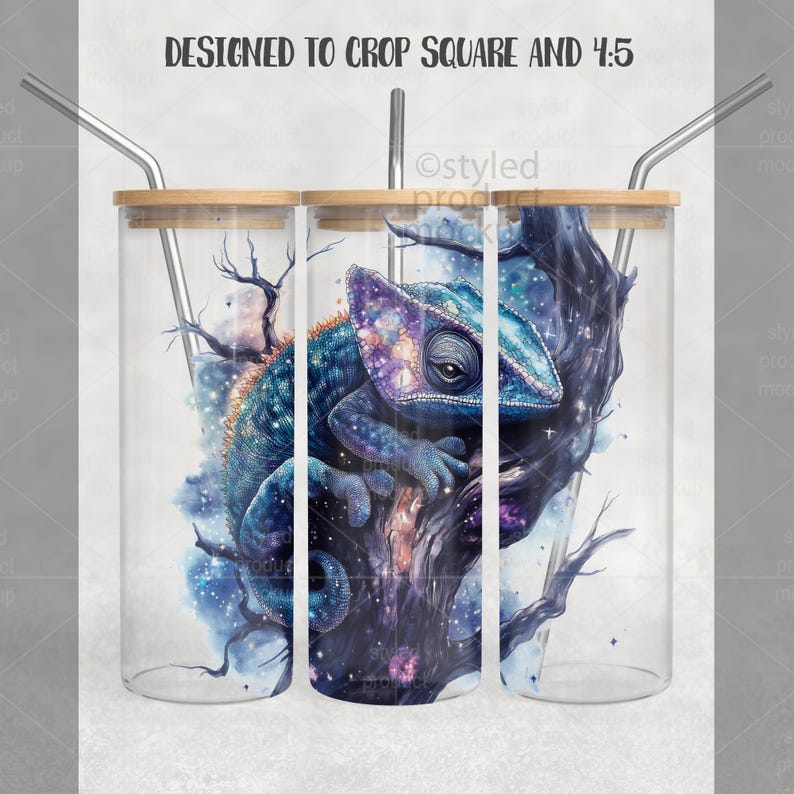 May include: A clear glass tumbler with a bamboo lid and a stainless steel straw. The tumbler features a watercolor illustration of a chameleon in shades of blue, purple, and orange, perched on a tree branch. The text "DESIGNED TO CROP SQUARE AND 4:5" is at the top.