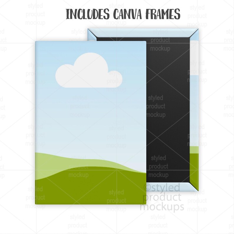 May include: Two rectangular product mockups with a landscape design. One mockup is face-up, displaying a sky with a cloud and green hills. The other mockup is angled, revealing a black interior. Text at the top reads "INCLUDES CANVA FRAMES".