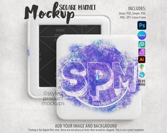 Square Magnet Back Button Mockup | Add your own image and background