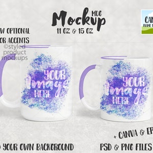 May include: A white ceramic mug mockup with a purple rim and handle. The mug has a watercolor-style design with blue, purple, and pink colors. The text "YOUR IMAGE HERE" is written on the mug. The mug is 11 oz or 15 oz.