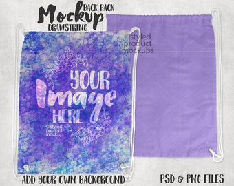 May include: A purple and blue drawstring backpack mockup with a watercolor design and the text "YOUR Image HERE".