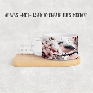 May include: White ceramic mug with a watercolour design of a bird on a branch with pink cherry blossoms. The mug rests on a light brown wooden coaster. Text on the mug reads "AI WAS -NOT- USED TO CREATE THIS MOCKUP".