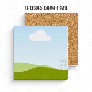 Puede incluir: Una impresi&oacute;n en lienzo cuadrada con un dise&ntilde;o de cielo y paisaje, con un cielo azul con una nube blanca y colinas verdes. El texto "INCLUDES CANVA FRAME" est&aacute; en la parte superior. Un corcho est&aacute; detr&aacute;s del lienzo.