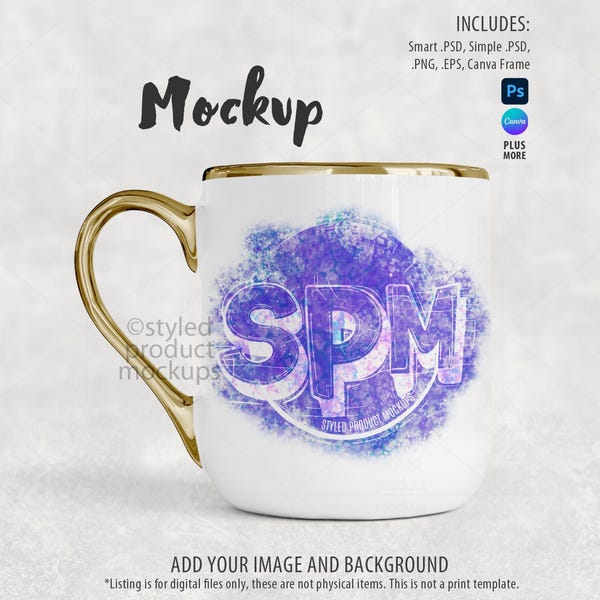Dye Sublimation 330ml 11oz Tasse mit Goldgriff Mockup (Photoshop, Canva, PNG)