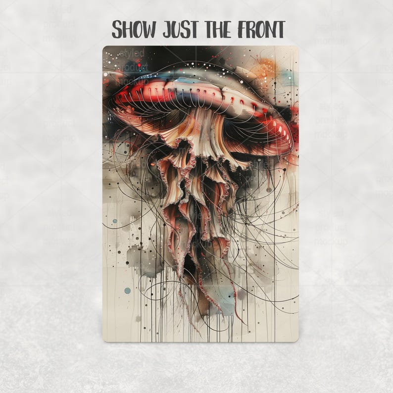 Puede incluir: Una impresi&oacute;n art&iacute;stica rectangular con una medusa en acuarela. La medusa tiene una campana roja y blanca, con largos tent&aacute;culos que fluyen en tonos beige y marr&oacute;n. El fondo es una mezcla de negro, gris y blanco, con el texto "SHOW JUST THE FRONT" en la parte superior.