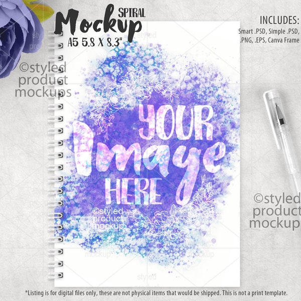 Spiral bound notebook A5 Mockup | Add your own image and background | Canva Frame Mockup