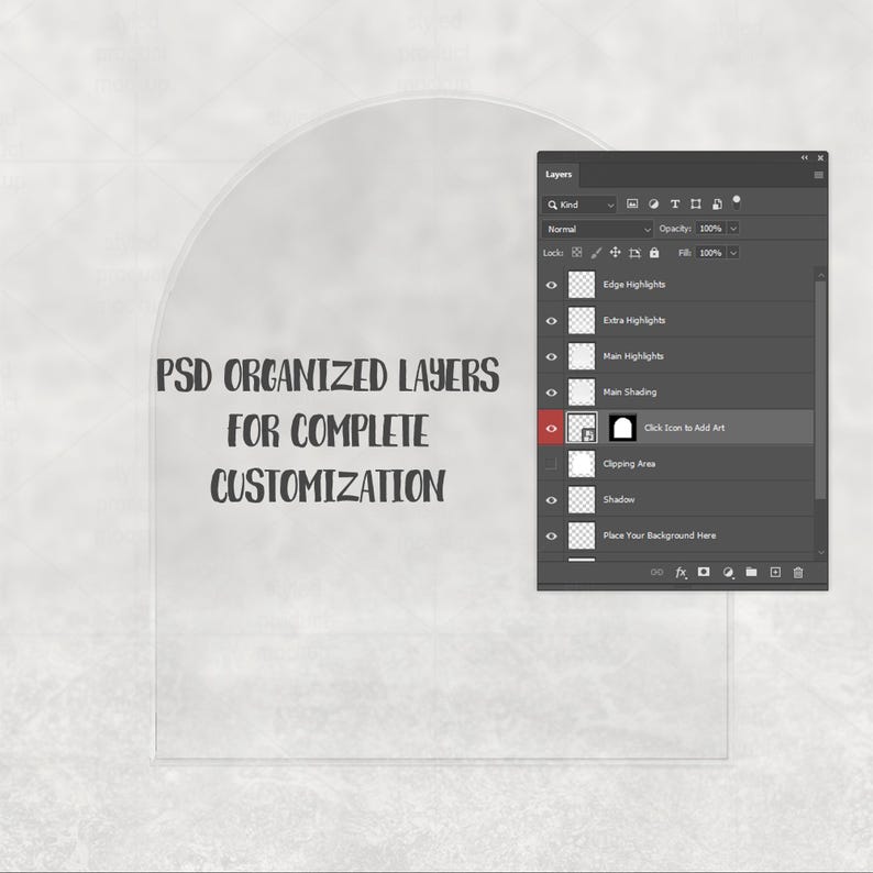 Op de afbeelding: Een digitale ontwerpinterface met een lagenpaneel en de tekst "PSD ORGANIZED LAYERS FOR COMPLETE CUSTOMIZATION". De interface wordt weergegeven op een transparante, boogvormige vorm tegen een getextureerde achtergrond.