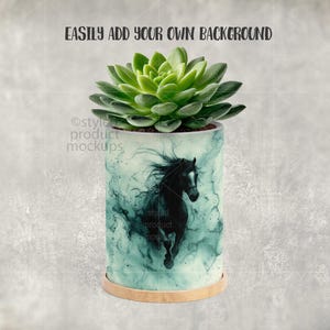 May include: A cylindrical planter pot with a black horse graphic against a teal and white background. The pot holds a green succulent plant. The text "EASILY ADD YOUR OWN BACKGROUND" is at the top.