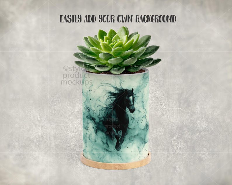 May include: A cylindrical planter pot with a black horse graphic against a teal and white background. The pot holds a green succulent plant. The text "EASILY ADD YOUR OWN BACKGROUND" is at the top.