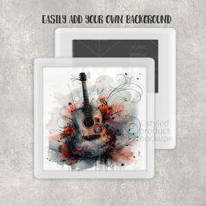 Puede incluir: Impresi&oacute;n art&iacute;stica de una guitarra ac&uacute;stica enmarcada. La acuarela muestra una guitarra azul claro con detalles florales en naranja, rojo y azul. El texto "EASILY ADD YOUR OWN BACKGROUND" est&aacute; en la parte superior.