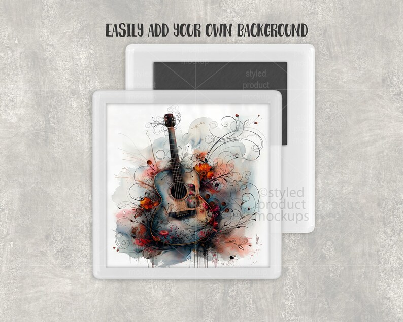 Puede incluir: Impresi&oacute;n art&iacute;stica de una guitarra ac&uacute;stica enmarcada. La acuarela muestra una guitarra azul claro con detalles florales en naranja, rojo y azul. El texto "EASILY ADD YOUR OWN BACKGROUND" est&aacute; en la parte superior.