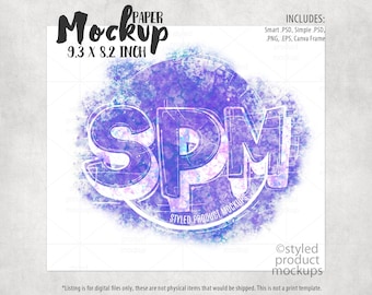 May include: A watercolor-style mockup featuring the letters "SPM" in a circle with a blue and purple background. The text "Styled Product Mockups" is below the circle. The mockup is 9.3 x 8.2 inches.
