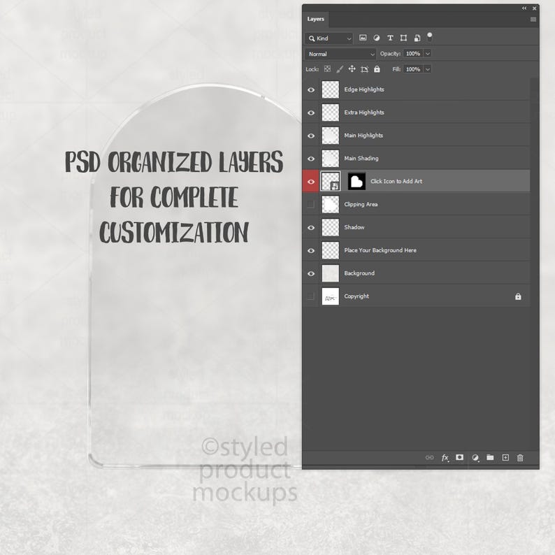 May include: A digital mockup interface with a layered panel and a transparent arch shape. Text reads "PSD ORGANIZED LAYERS FOR COMPLETE CUSTOMIZATION" and "Ostyled product mockups". The interface is displayed on a light gray background.