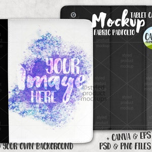 Puede incluir: Maqueta de una funda de tableta negra con una cubierta de tableta blanca que presenta un diseño de acuarela con el texto "Your Image Here". La funda está hecha de tela y tiene un cierre de cremallera. La maqueta es para usar con Canva.