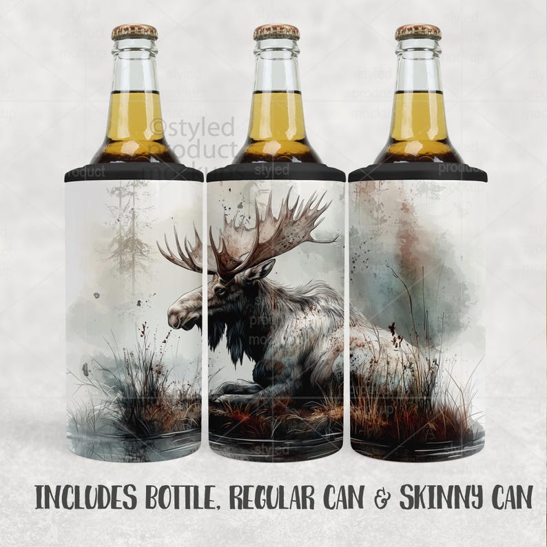 May include: Three beer bottle coolers with a watercolor design featuring a moose in a natural setting. The coolers are white with a black top and bottom. The text "INCLUDES BOTTLE, REGULAR CAN & SKINNY CAN" is at the bottom.