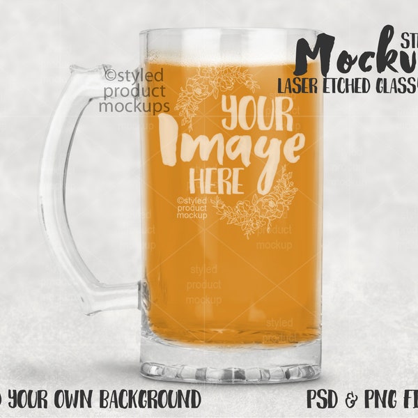 Laser etched glass beer stein mockup | Add your own image and background