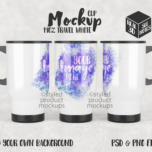 Dye sublimation 14oz white travel mug Mockup | Add your own image and background