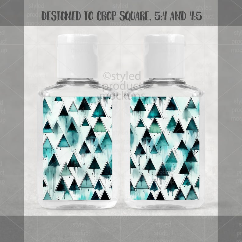 May include: Two clear plastic bottles with white caps. Each bottle has a label with a teal and blue triangle pattern. The text "DESIGNED TO CROP SQUARE. 5:4 AND 4:5" is at the top.