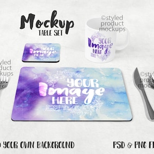 Dye sublimation tableware set mockup template| Add your own image and background