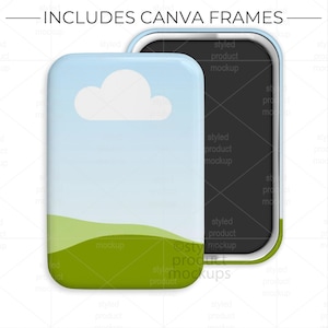 May include: Two rectangular product mockups with rounded corners. One displays a sky and landscape graphic with a cloud, the other is black. The text "INCLUDES CANVA FRAMES" is at the top. The mockups are for styled product mockups.