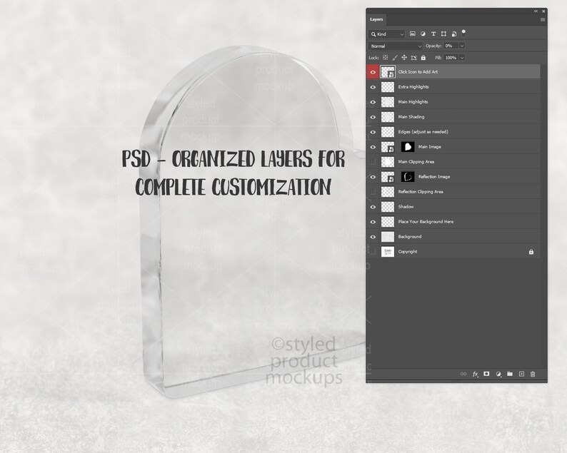 Pu&ograve; includere: Un mockup di prodotto in acrilico trasparente a forma di arco con il testo "PSD - ORGANIZED LAYERS FOR COMPLETE CUSTOMIZATION". Un'interfaccia digitale con livelli &egrave; visibile a destra. Mockup per la presentazione del prodotto.