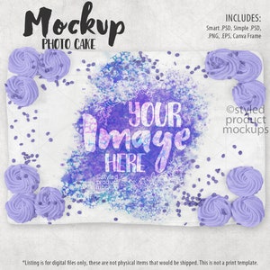 May include: A mockup of a photo cake with purple frosting and sprinkles. The text "YOUR IMAGE HERE" is written on the cake.