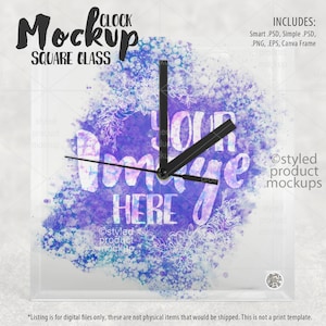 May include: Square glass clock mockup with a watercolor design featuring purple, blue, and white colors. The clock face says "Your Image Here".